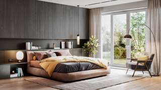 Bedroom with dark wooden sideboards and lighter wooden flooring