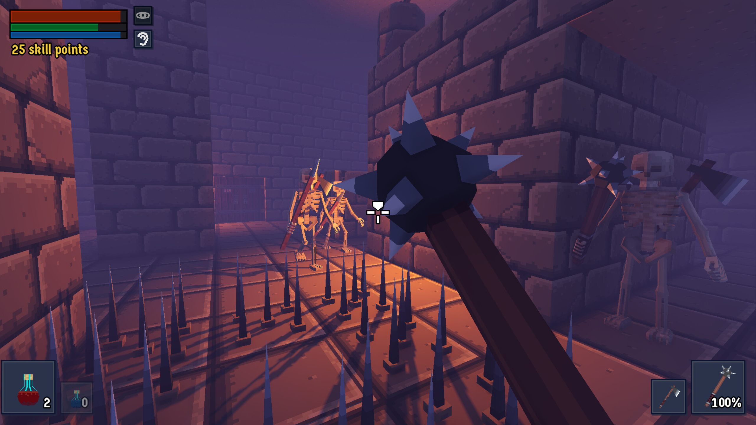 A screenshot of The Adventures of Sir Kicksalot, showing the player holding a morningstar while three skeletons move towards them in a dark dungeon.