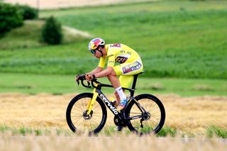 LONGWY, FRANCE - JULY 07: Wout Van Aert of Belgium and Team Jumbo - Visma Yellow Leader Jersey competes in the breakaway during the 109th Tour de France 2022, Stage 6 a 219,9km stage from Binche to Longwy 377m / #TDF2022 / #WorldTour / on July 07, 2022 in Longwy, France. (Photo by Michael Steele/Getty Images)