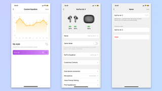 three screenshots of the earfun audio app showing the customization capabilities of the EarFun Air 2 earbuds, customizable EQ, controls, and naming