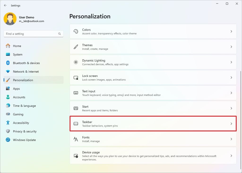 Windows 11 Taskbar settings