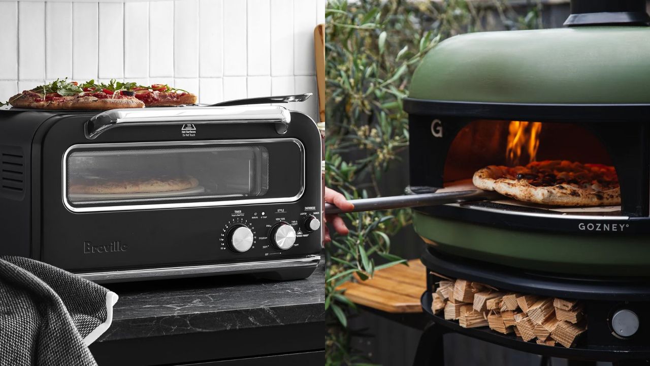 A two-panel image demonstrating indoor pizza ovens vs outdoor pizza ovens: a black Breville Smart Oven Pizzaiolo making a pizza and an Olive Gozney Dome making a pizza