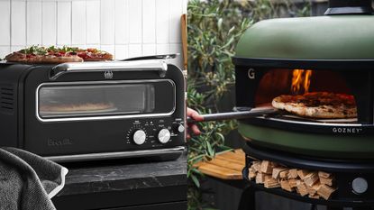 A two-panel image demonstrating indoor pizza ovens vs outdoor pizza ovens: a black Breville Smart Oven Pizzaiolo making a pizza and an Olive Gozney Dome making a pizza