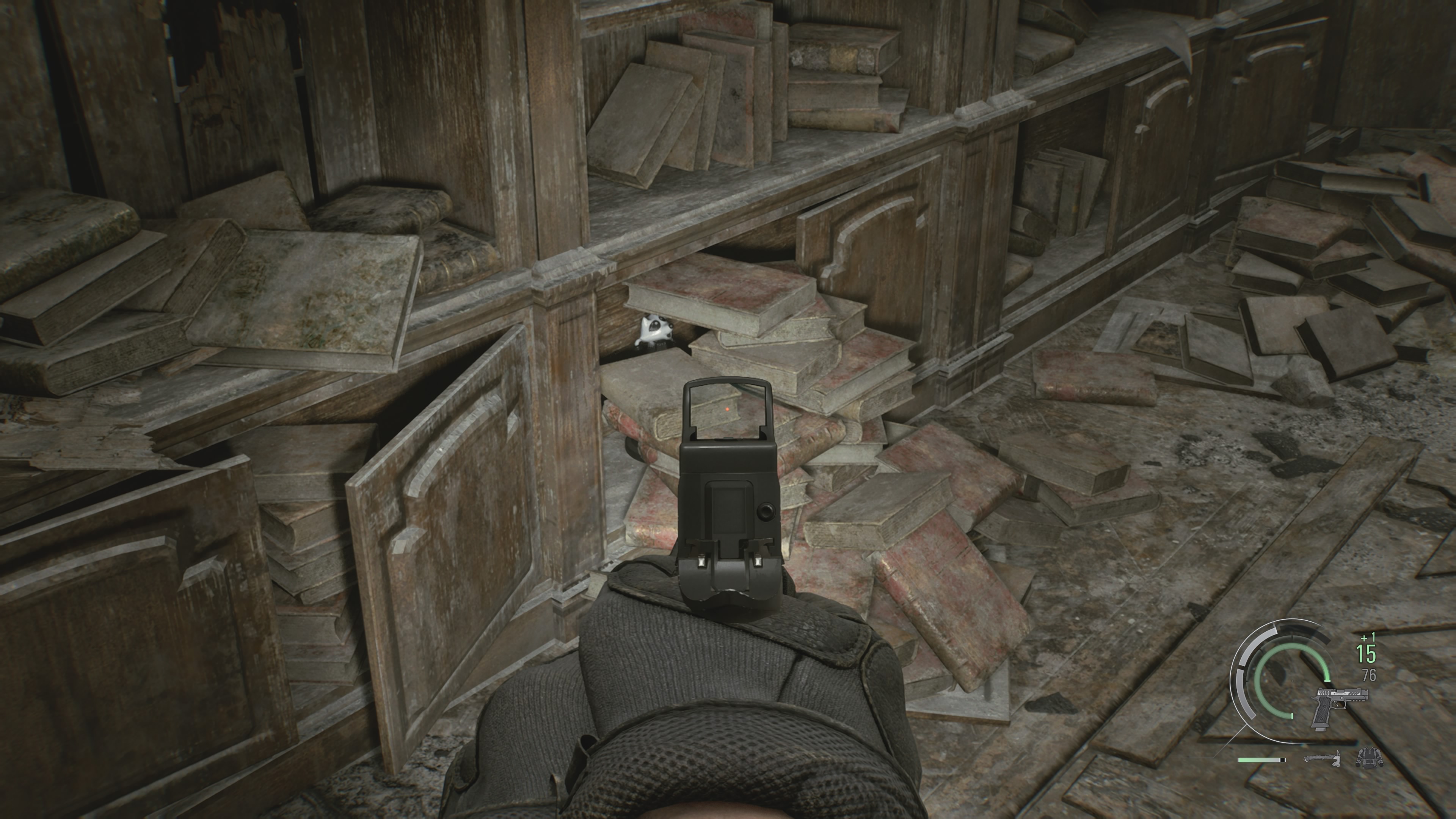 Resident Evil Requiem Mr. Raccoon behind some books