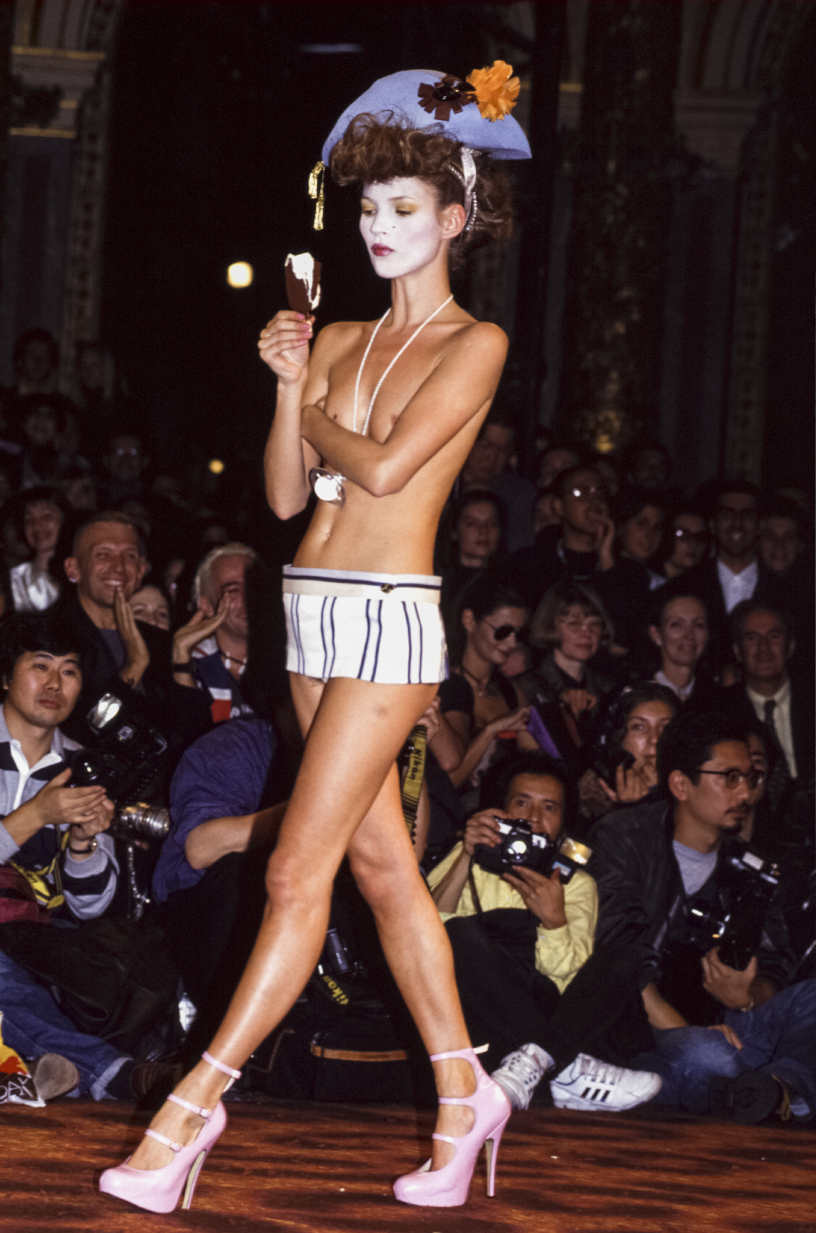 Kate Moss went topless on the Vivienne Westwood Spring 1994 runway.