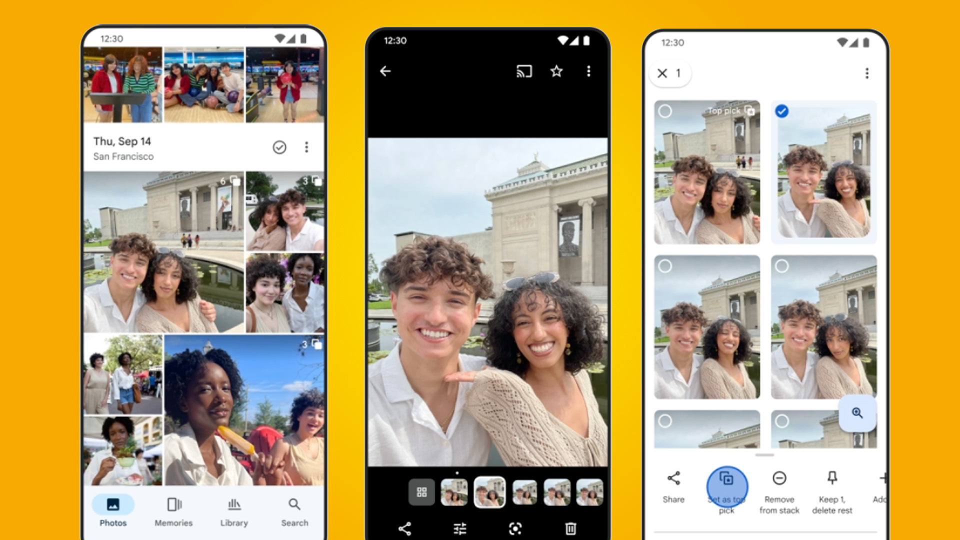 Tres teléfonos Android sobre un fondo naranja que muestran la función de pilas de fotos de Google Fotos