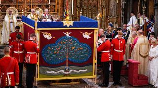LONDON, ENGLAND - MAY 06: An anointing screen is erected for King Charles III during his coronation ceremony in Westminster Abbey on May 6, 2023 in London, England. The Coronation of Charles III and his wife, Camilla, as King and Queen of the United Kingdom of Great Britain and Northern Ireland, and the other Commonwealth realms takes place at Westminster Abbey today. Charles acceded to the throne on 8 September 2022, upon the death of his mother, Elizabeth II.