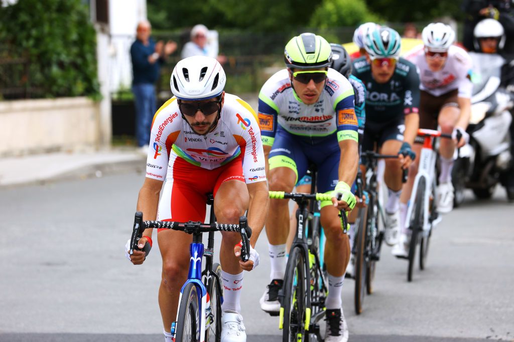 SAINTLARYSOULAN COL DU PORTET FRANCE JULY 14 Anthony Turgis of France and Team TotalEnergies Danny Van Poppel of The Netherlands and Team Intermarch Wanty Gobert Matriaux lead The Breakaway during the 108th Tour de France 2021 Stage 17 a 1784km stage from Muret to SaintLarySoulan Col du Portet 2215m LeTour TDF2021 on July 14 2021 in SaintLarySoulan Col du Portet France Photo by Tim de WaeleGetty Images