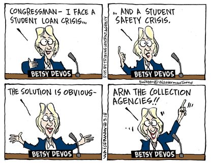 Political cartoon U.S. Betsy DeVos education student loans student safety collateral agencies