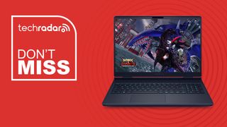 Alienware 16x Aurora gaming laptop with Shadow the Hedgehog on screen on red background with TechRadar don't miss sign