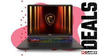 An MSI Vector 16 HX gaming laptop on a pink and white deals background with the PC Gamer logo in the bottom right