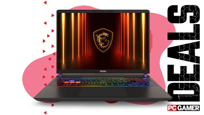 An MSI Vector 16 HX gaming laptop on a pink and white deals background with the PC Gamer logo in the bottom right