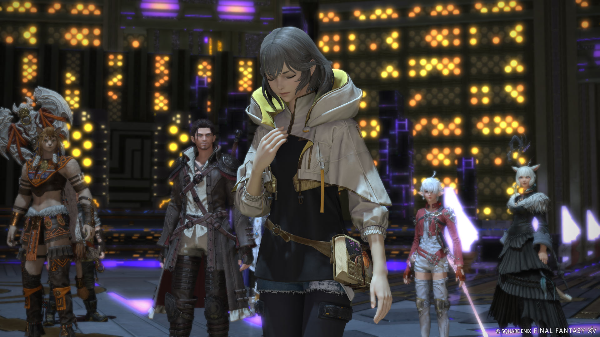 A woman bowing her head with a group of characters behind her during a cutscene in the MMORPG, Final Fantasy 14