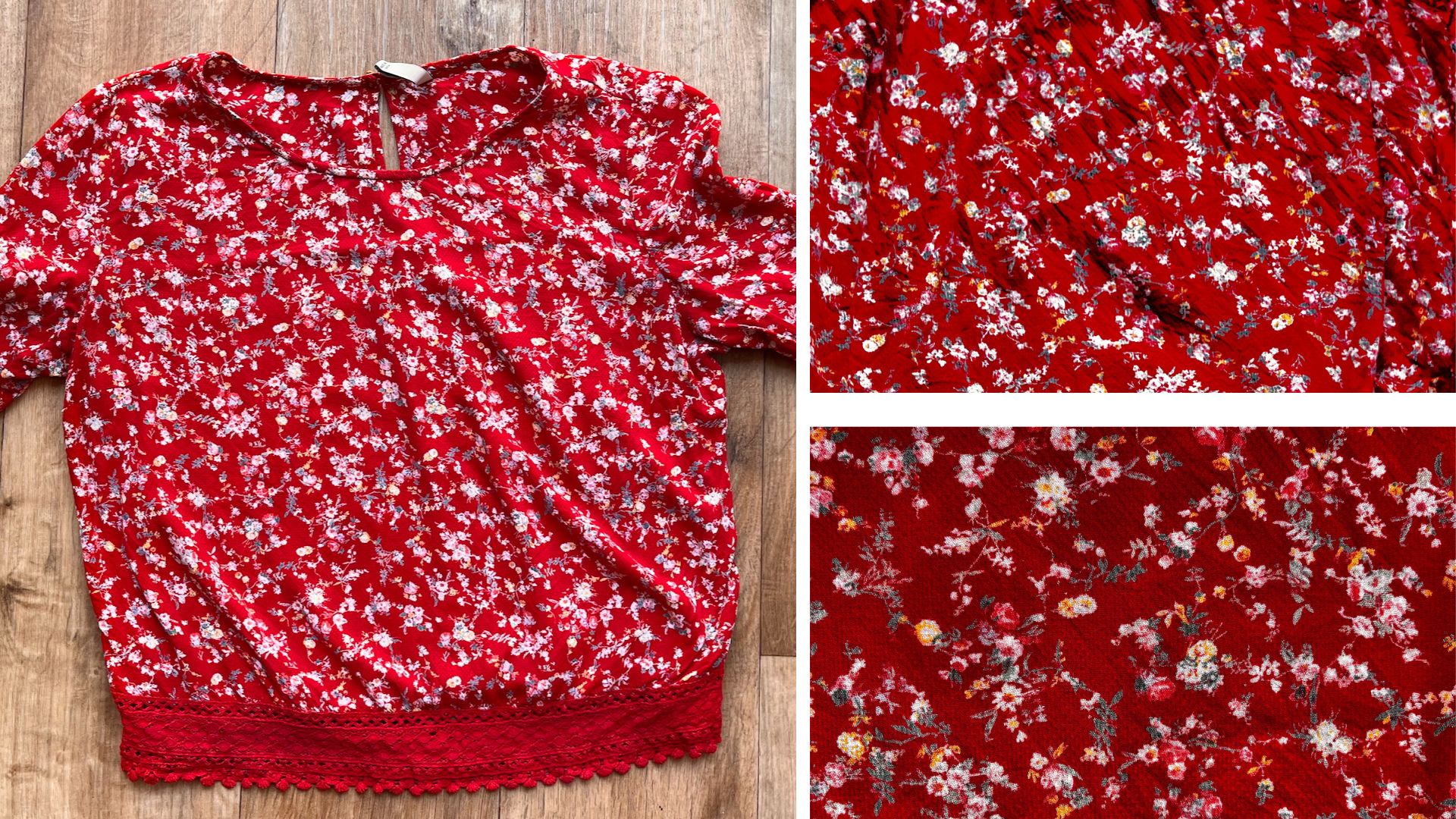 A floral red top before and after being sprayed with crease release spray