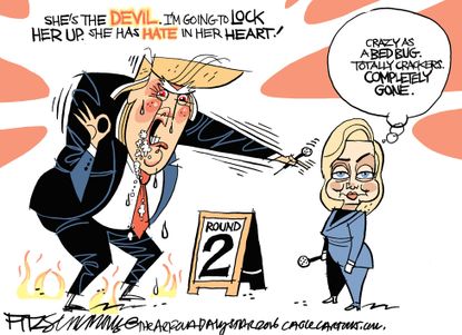 Political cartoon U.S. 2016 election Hillary Clinton Donald Trump Hillary second debate screaming