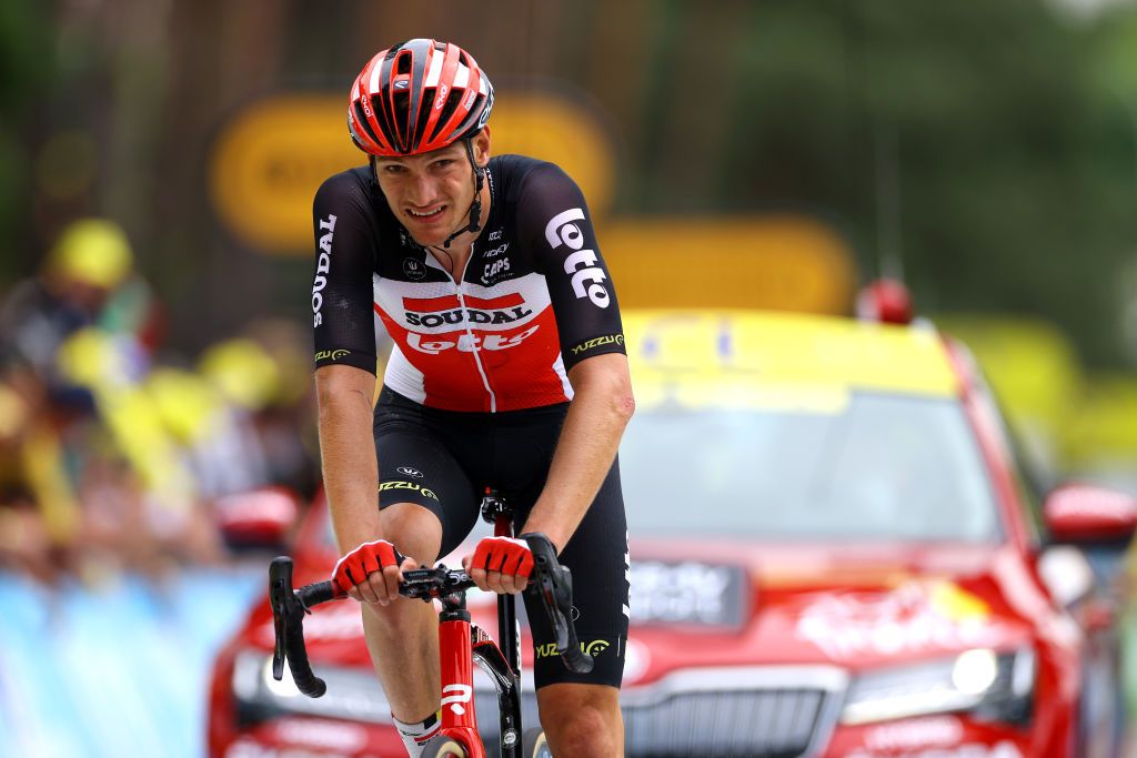 LE CREUSOT FRANCE JULY 02 Brent Van Moer of Belgium and Team Lotto Soudal at arrival during the 108th Tour de France 2021 Stage 7 a 2491km km stage from Vierzon to Le Creusot 369m LeTour TDF2021 on July 02 2021 in Le Creusot France Photo by Tim de WaeleGetty Images