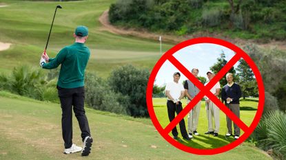 Barry Plummer hitting a tee shot with an inset image of a four-ball of golfers with a red cross over the top