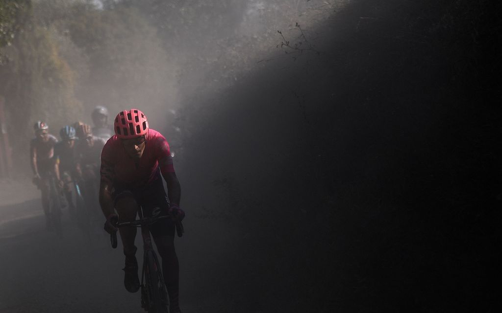 Team EF Pro Cycling Italian rider Alberto Bettiol pedal during a break away through a dusty gravel road in the oneday classic cycling race Strade Bianche White Roads on August 1 2020 around Siena Tuscany Photo by Marco Bertorello AFP Photo by MARCO BERTORELLOAFP via Getty Images