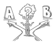 An illustration of a person standing at a crossroads with one path leading to A and one path to B