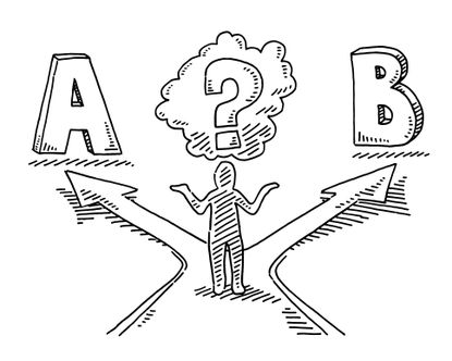 An illustration of a person standing at a crossroads with one path leading to A and one path to B