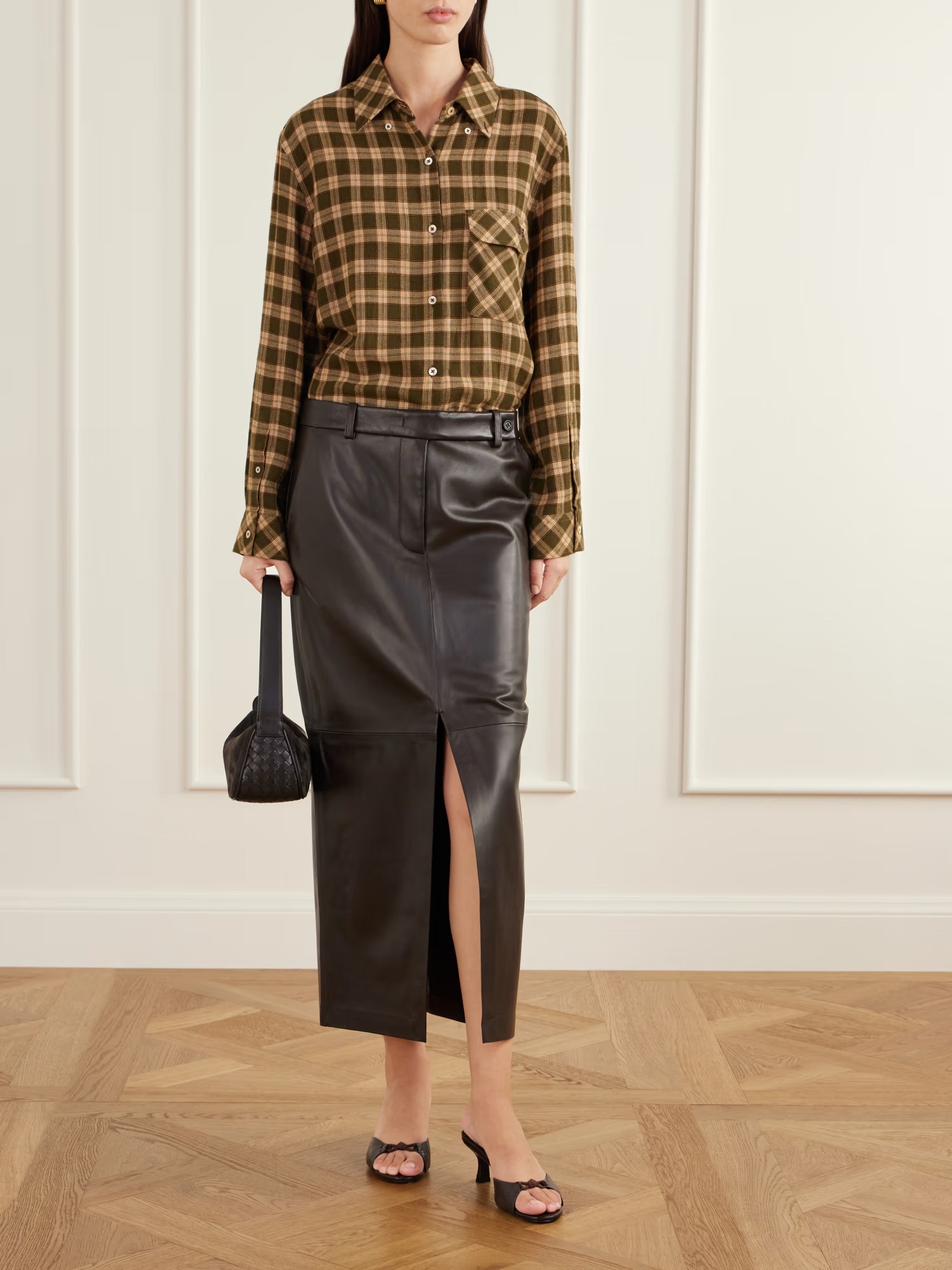 Double-slit leather midi skirt