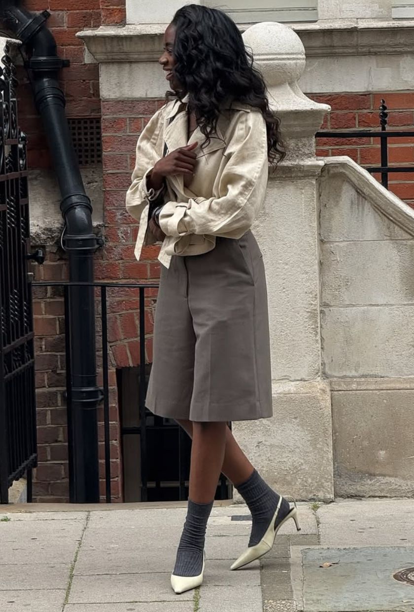 @_livmadeline wears a cropped trench, Bermuda shorts, chunky socks and slingback heels.