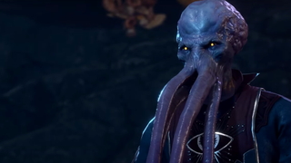 An image of a mindflayer merchant in Baldur's Gate 3, an eerie, tentacle-mouthed spawn with shiny silver-blue skin.