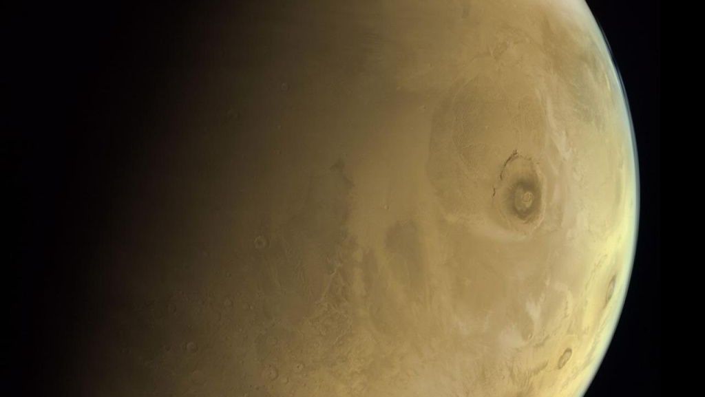 An image of Mars captured by the Hope spacecraft on Feb. 26, 2021, shows Olympus Mons, the largest volcano in the solar system.