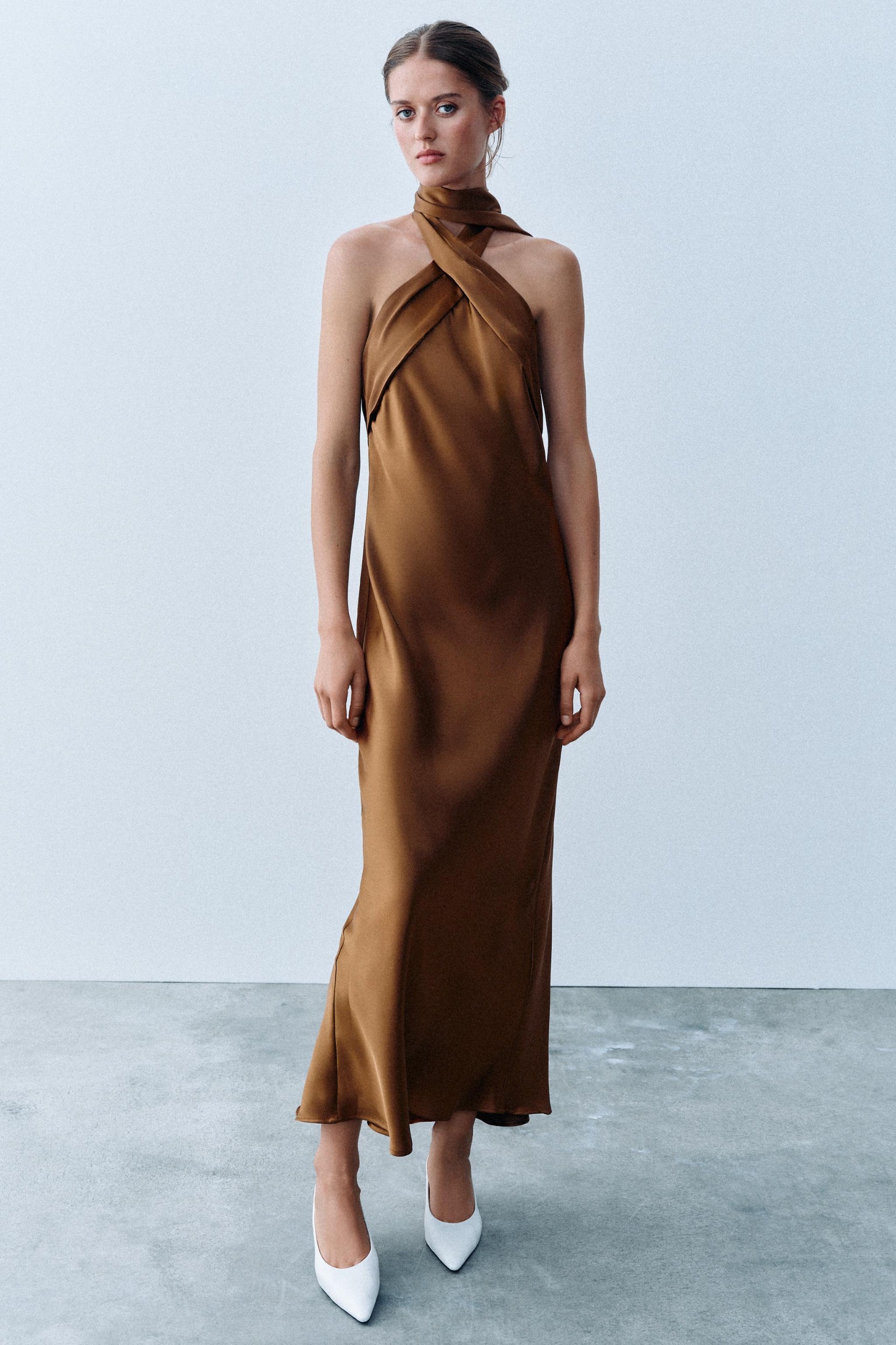 Satin Halter Midi Dress - Caramel - Xs