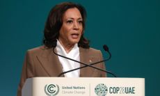 US Vice President Kamala Harris, speaks at a high-level segment on day three of the COP28 climate conference at Expo City in Dubai, United Arab Emirates, on Saturday, Dec. 2, 2023