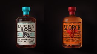 Lucky Sod and Scorch alcohol bottles with crafted labels, one is orange one in blue