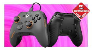 Two Scuf Valor Pro controllers on a pink background with a PC Gamer Recommended label on top