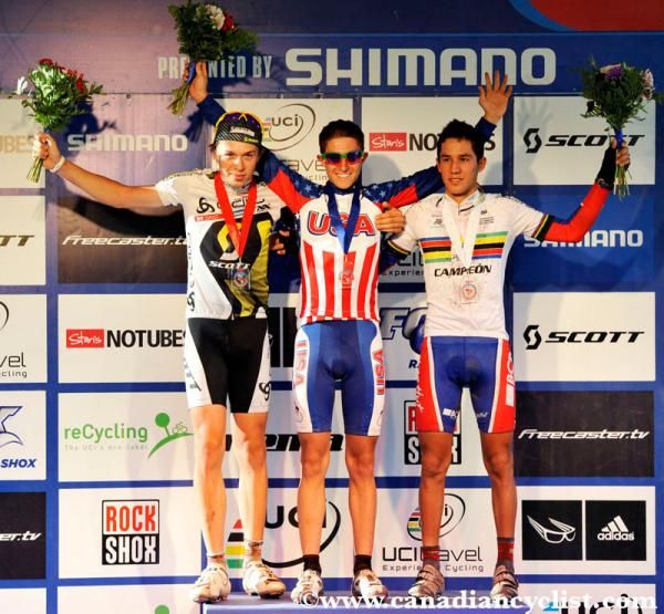 Junior men's podium (l-r): Andri Frischknecht, Howard Grotts, Andrey Fonseca