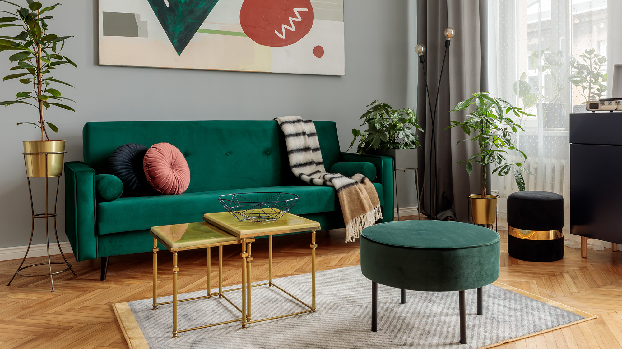Green sofa in living room