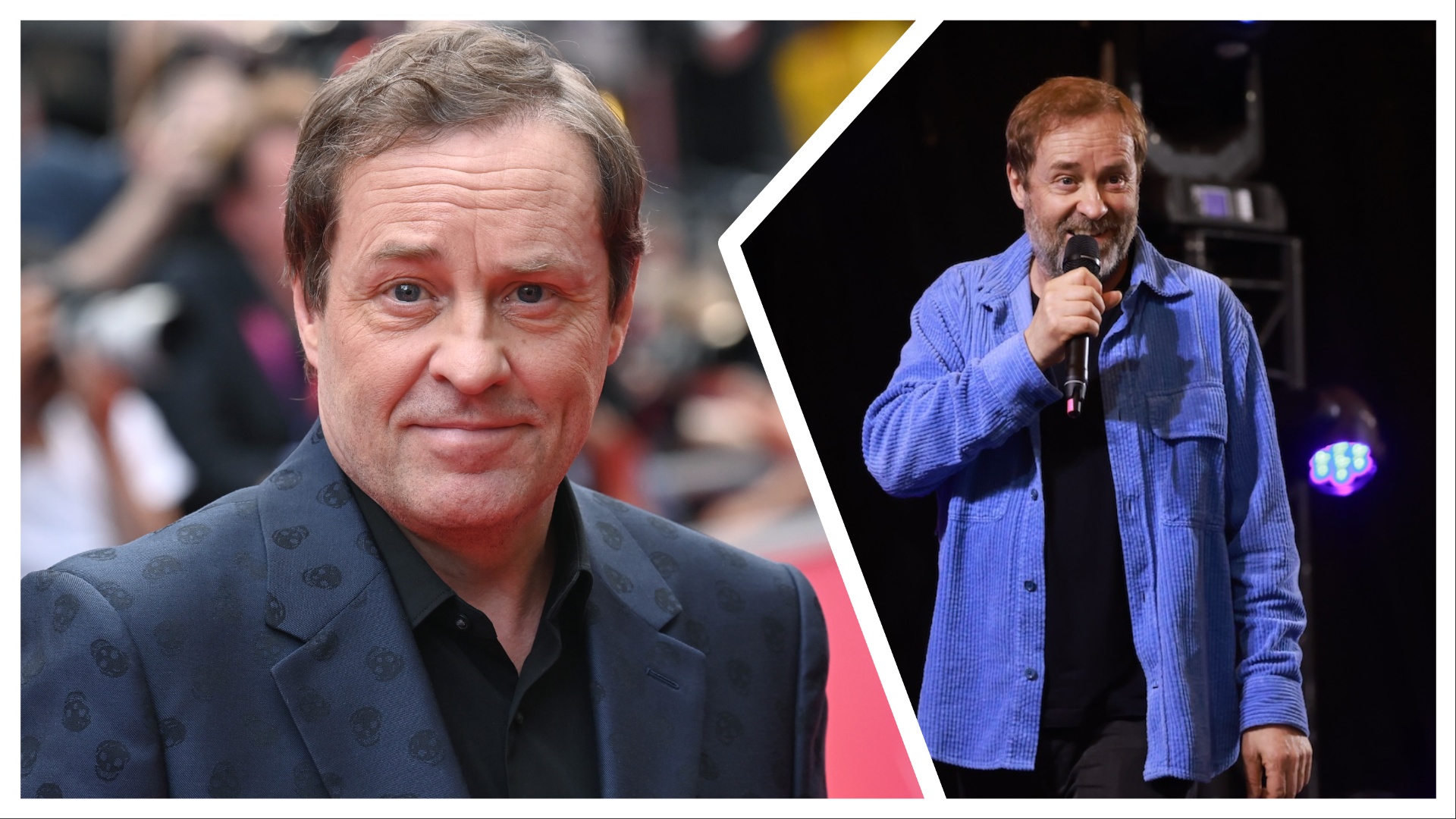 left: Ardal O'Hanlon attends Sky's Up Next event at the Theatre Royal Drury Lane on May 17, 2022 in London, England. Right: Ardal O'Hanlon performs at Comedy Stage during day two of Electric Picnic Festival 2024 at Stradbally Hall Estate on August 17, 2024 in Dublin, Ireland