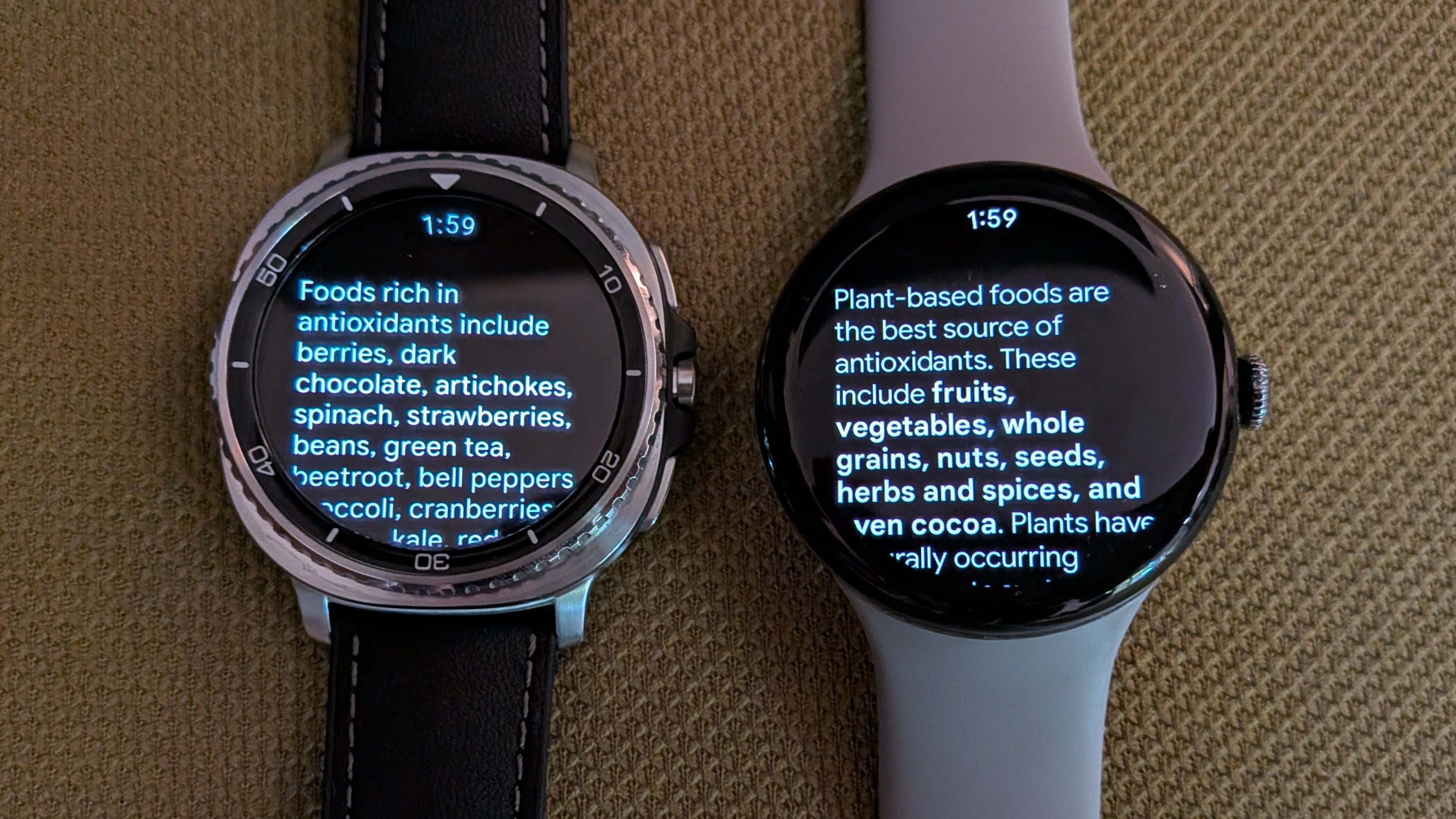 The Samsung Galaxy Watch 8 Classic (left) showing a Gemini summary about antioxidant-rich foods, and the Google Pixel Watch 3 (right) showing an Assistant summary on this topic.
