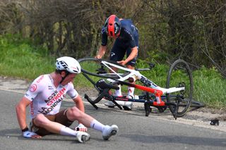 MUR DE HUY BELGIUM APRIL 21 Stan Dewulf of Belgium and AG2R Citren Team are involved in an accident during the 85th La Fleche Wallonne 2021 Men Elite a 1936km race from Charleroi to Mur de Huy 204m Crash Injury FlecheWallonne on April 21 2021 in Mur de Huy Belgium Photo by Luc ClaessenGetty Images