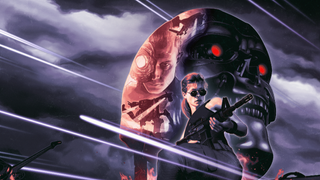 Promotional art for Terminator 2D: No Fate, showing Sarah Connor wielding a sniper rifle, superimposed onto a T-800 endoskeleton head and the T-1000 reforming after being shot in the head.