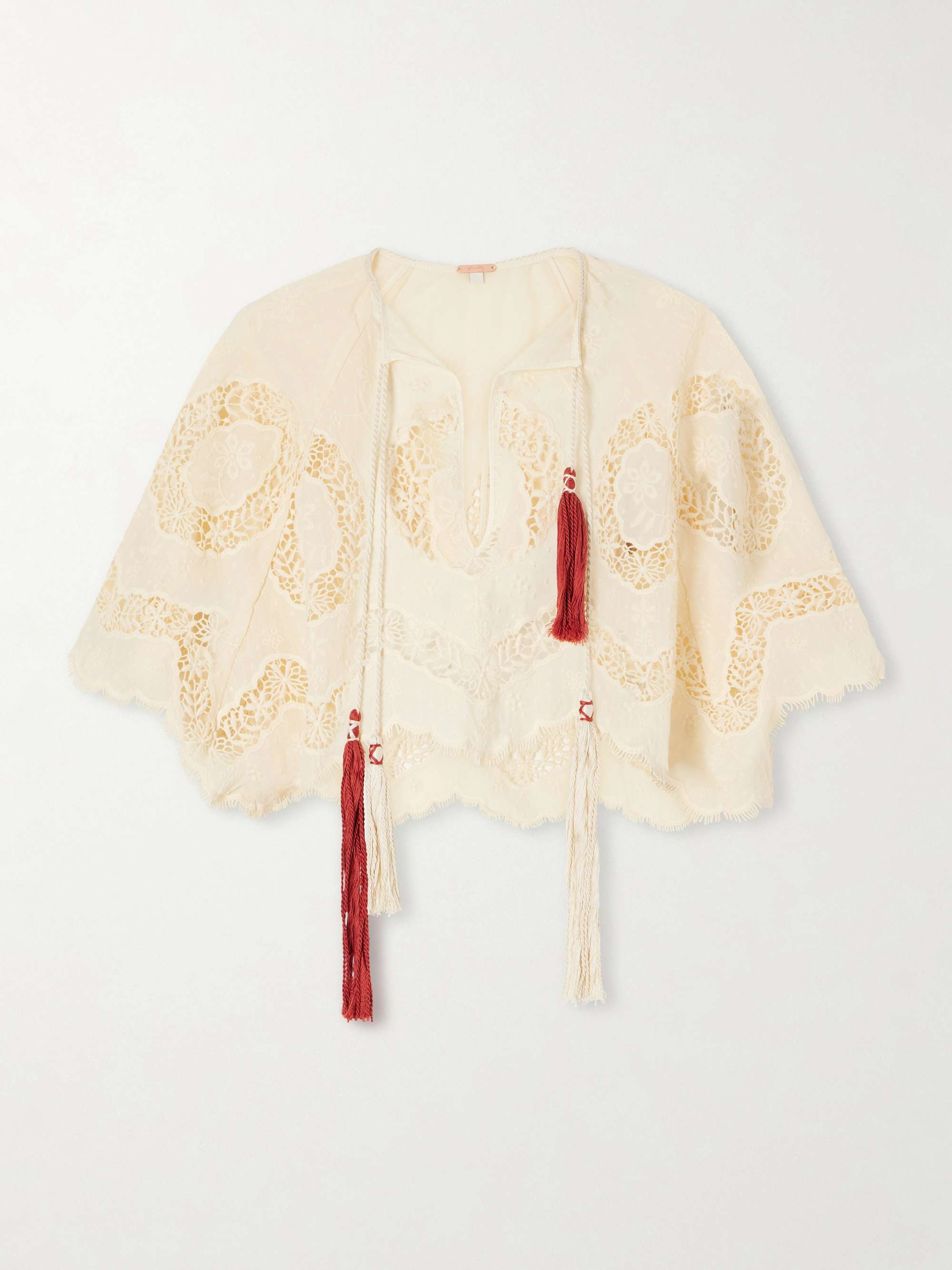 Sun Tides Tasseled Broderie Anglaise Cotton-Blend Top