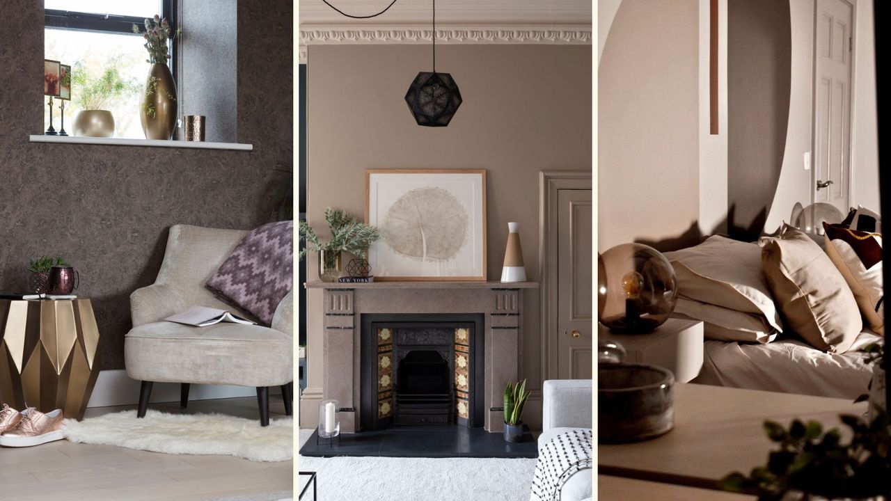 collage of corners of a living room and bedroom to support decorating with brown as key trend for 2025