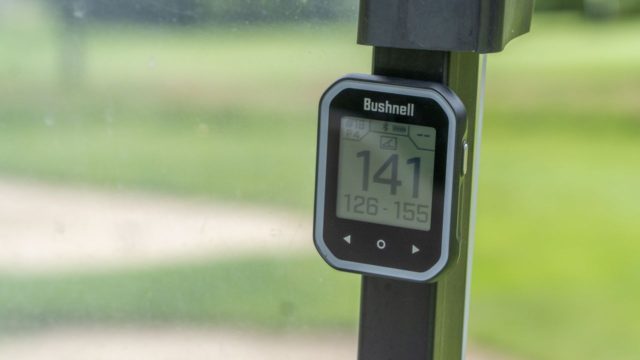 The BITE magnet on the Bushnell Phantom 3 Slope on a golf cart