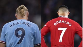 Composite image of Haaland and Ronaldo ahead of Man City vs Man Utd