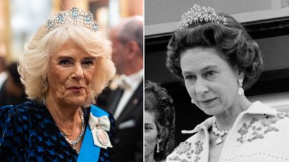 Queen Camilla pays tribute to Queen Elizabeth by wearing the late queen&#039;s rare Aquamarine Ribbon Tiara to attend the Diplomatic Corps Reception at Buckingham Palace