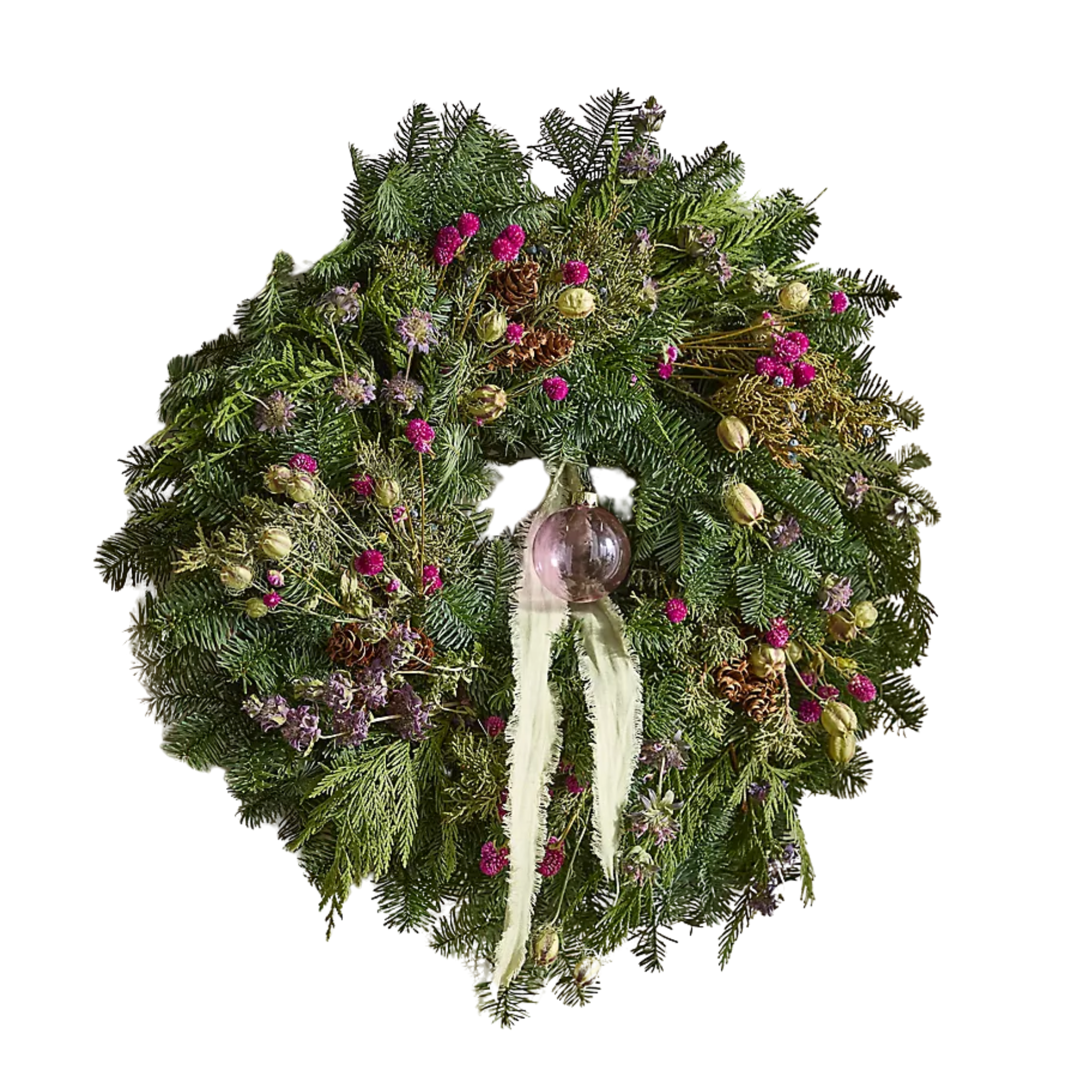 a decorative wreath with pink and light green buds, a pink glass ornament, and a light green ribbon