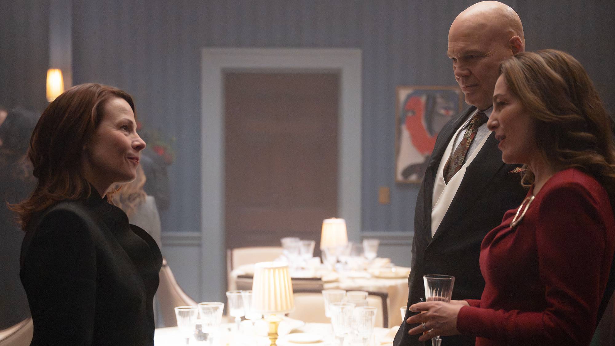 Lili Taylor as Governor Marge McCaffrey, Vincent D&amp;rsquo;Onofrio as Wilson Fisk / Kingpin, and Ayelet Zurer as Vanessa Fisk in "Daredevil: Born Again" season 2 on Disney+