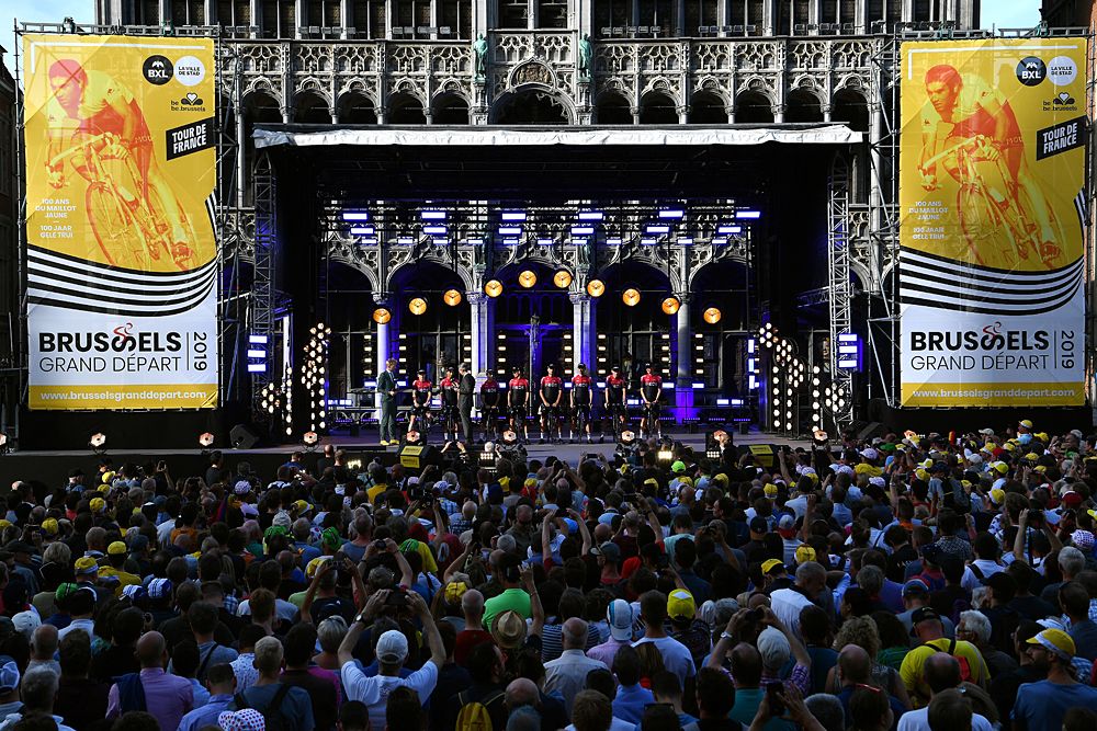 Team Ineos on stage at the Tour de France presentation in Brussels