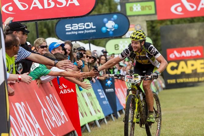 Kristian Hynek of Team Topeak Ergon celebrates with the crowds