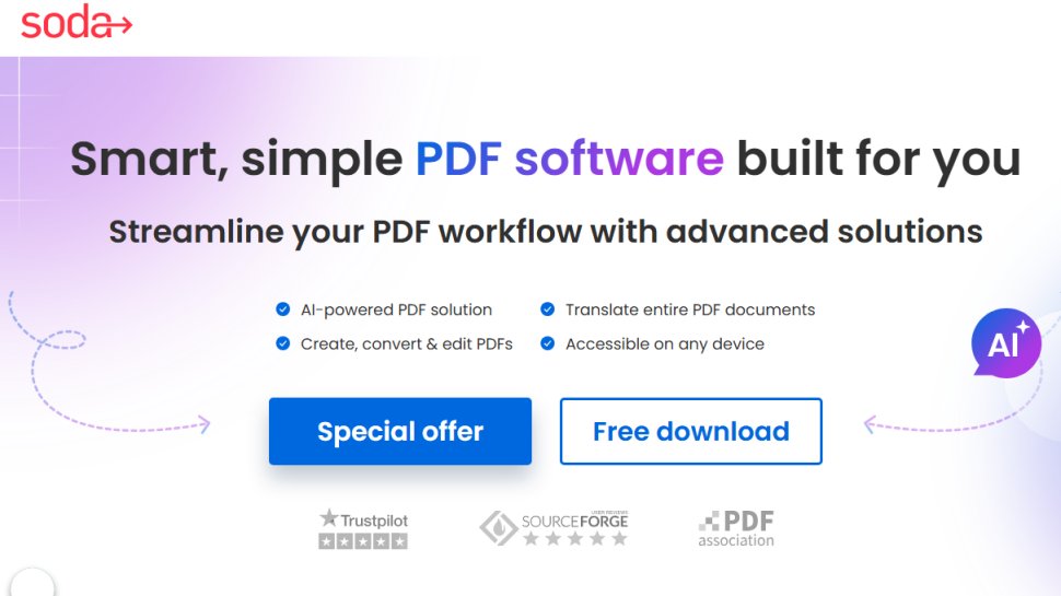 Website screenshot of Soda PDF (July, 2025)