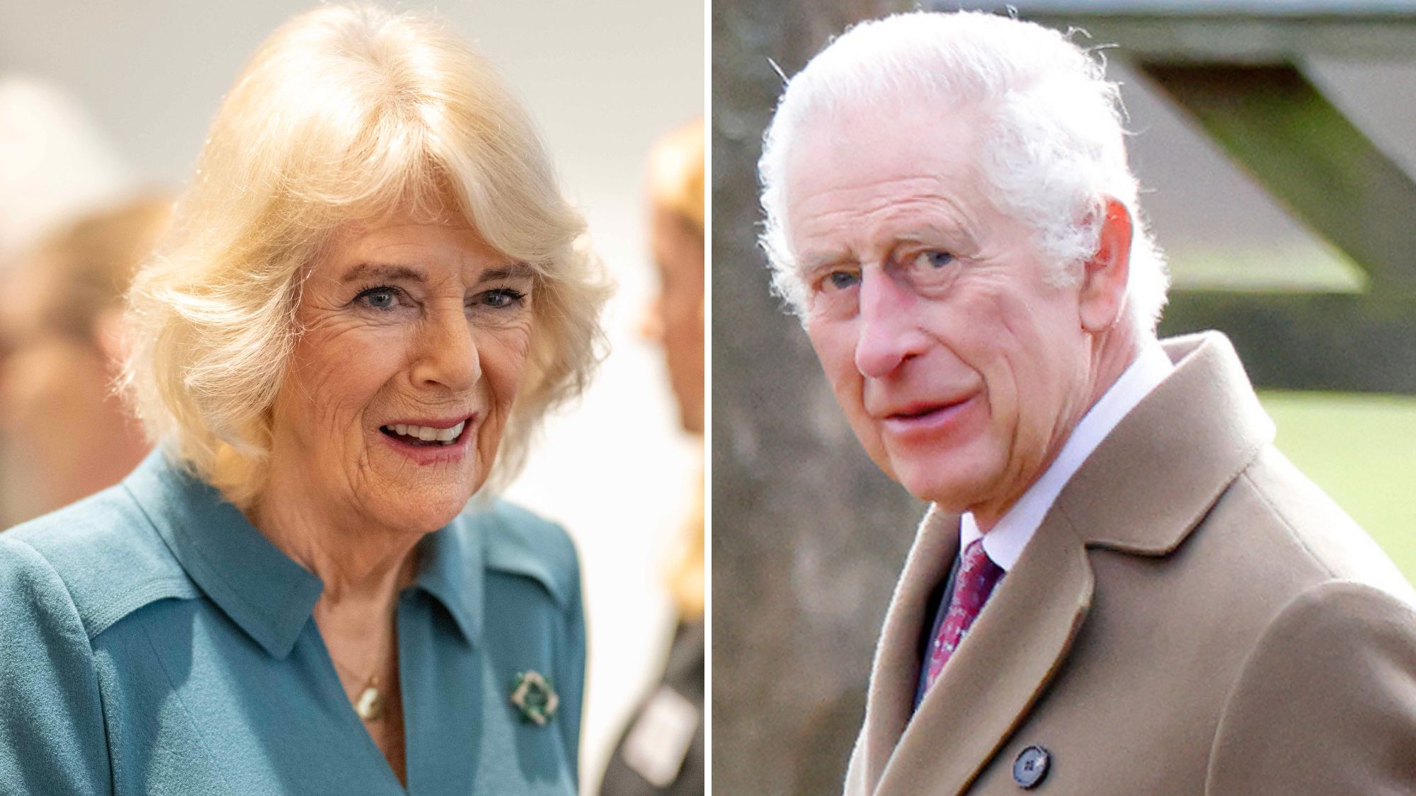 Composite of a picture of Queen Camilla visiting Maggie's new cancer support centre in January 2024 and King Charles in Sandringham in February 2024