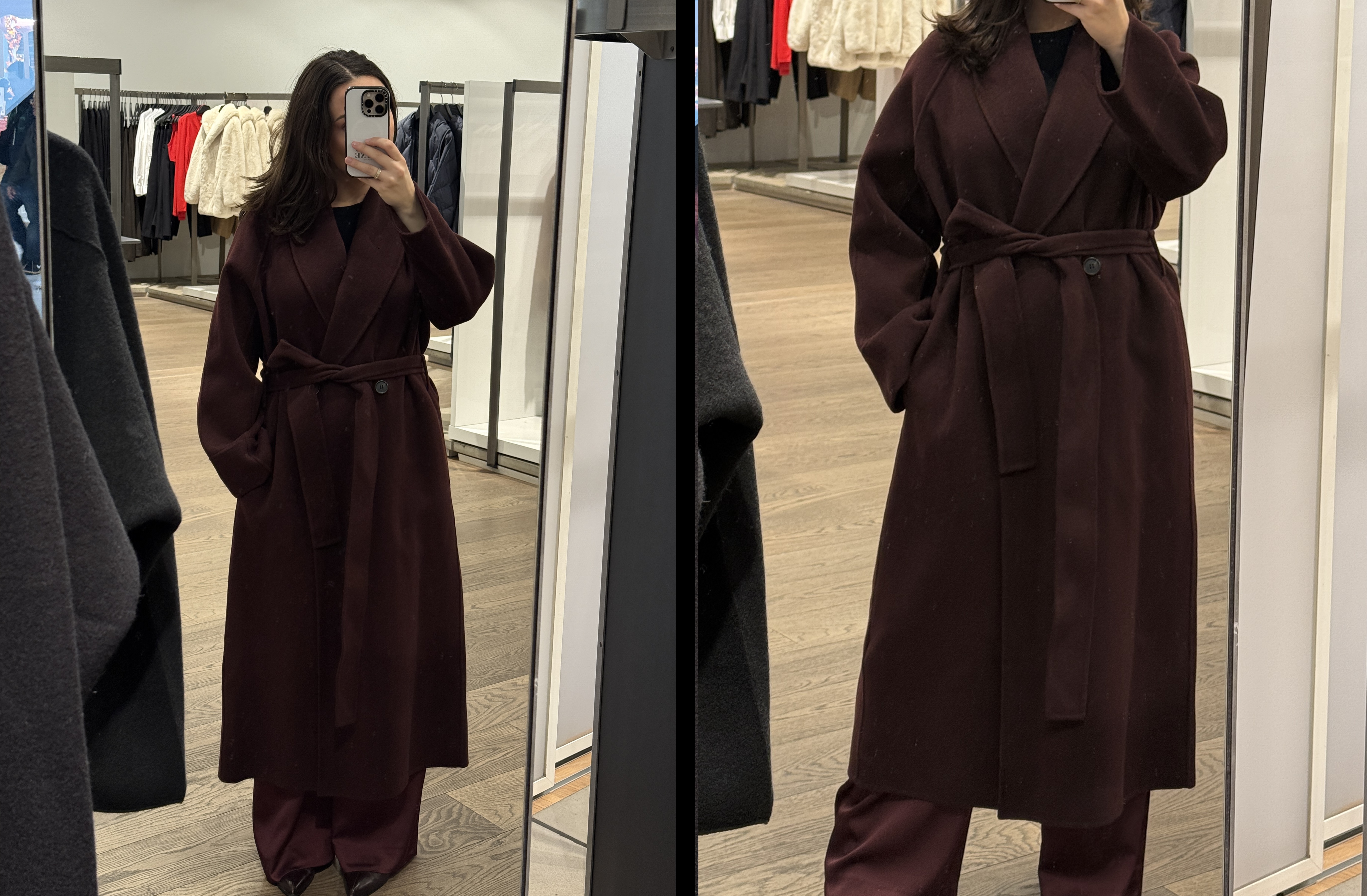 Bella Gerard trying on a Cos coat in store